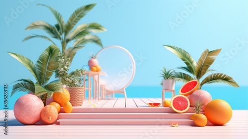 3d rendering of a pink and blue podium with a mirror, plants, and fruit. The background is a blue sky and ocean.