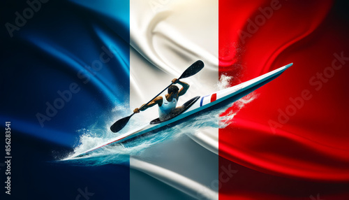 Olympic Canoe/Kayak Flatwater Athlete Within the French Flag. Olympics Paris 2024. photo