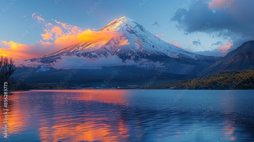 Serene Sunset over a Snow-Capped Mountain