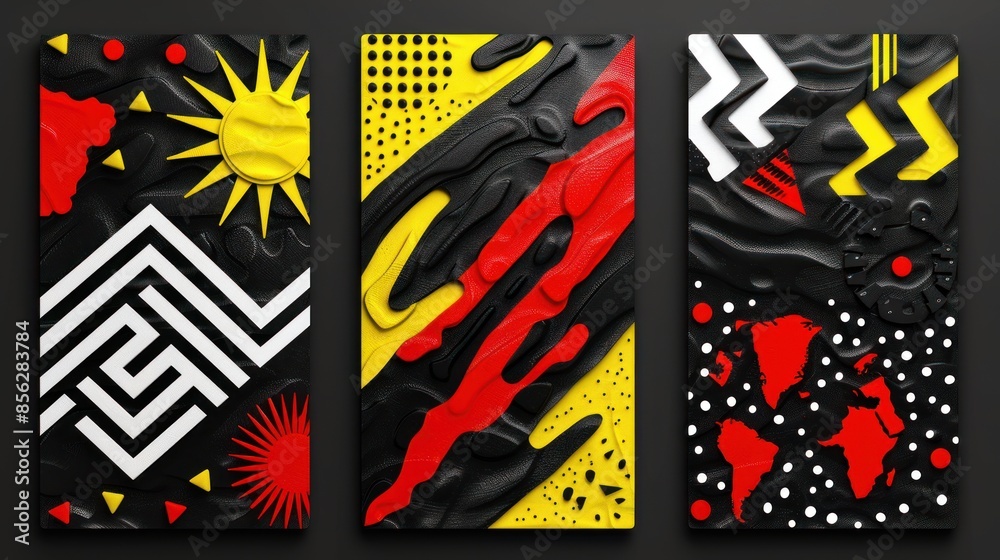 Abstract geometric wall art with black, red, and yellow shapes Abstract geometric wall art with black, red, and yellow shapes
