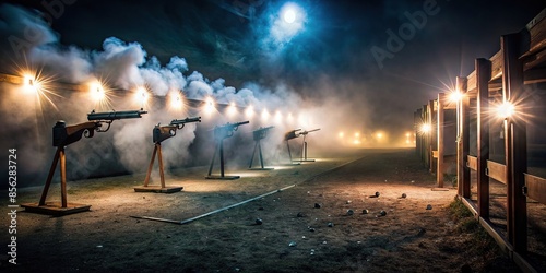 Foggy firing range with gunsmoke hanging in the darkness, illuminated by muzzle flashes, gunpowder, smoke photo