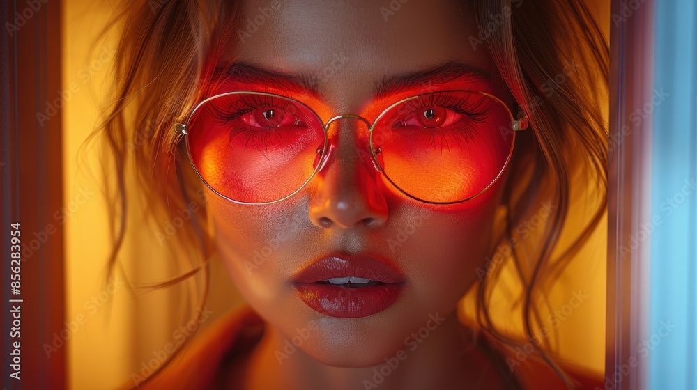 Woman wearing red sunglasses in doorway Woman wearing red sunglasses in doorway