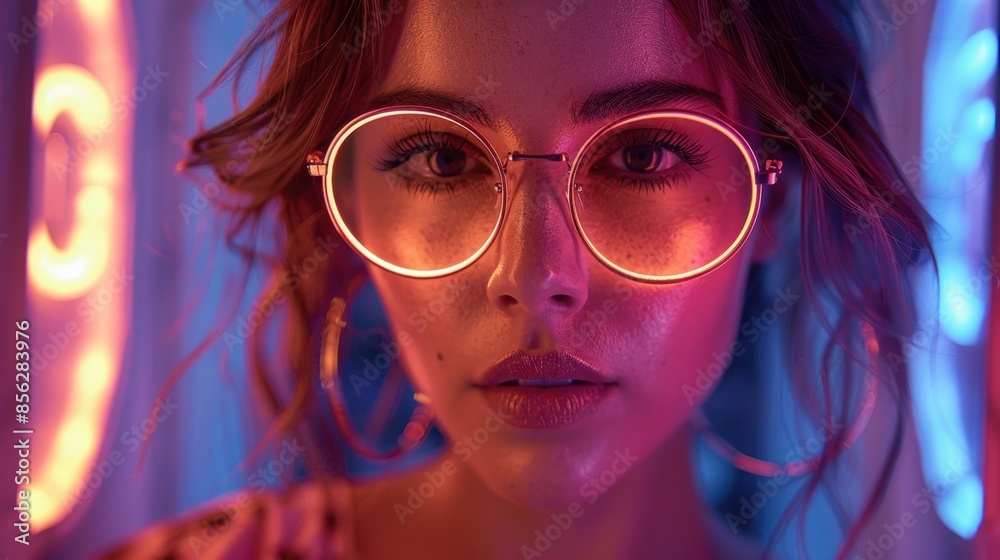 Woman in round glasses posing in neon light Woman in round glasses posing in neon light