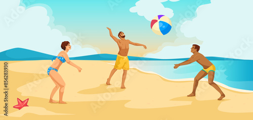 Three people playing beach volleyball with a colorful ball on a sunny beach. Vector illustration