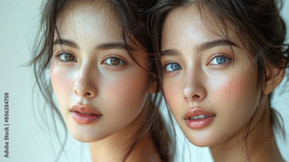 Two young women posing together close up portrait Two young women posing together close up portrait