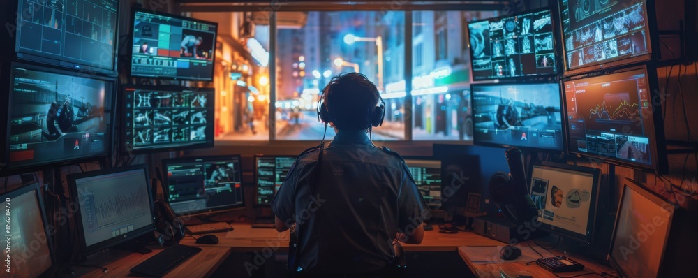 Man security guard in control room, security concept banner. Generative AI. Man security guard in control room, security concept banner. Generative AI.