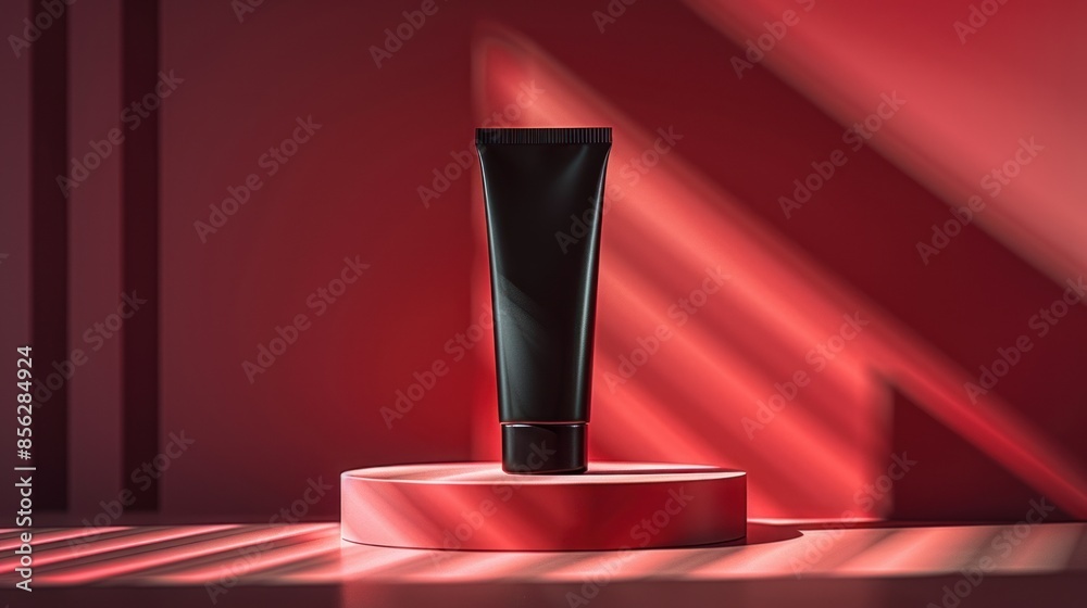 Black cosmetic tube on pink platform with sunlight Black cosmetic tube on pink platform with sunlight