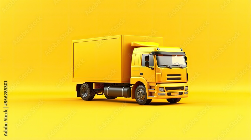 This is a 3D rendering of a yellow truck on a yellow background. The truck is a box truck.