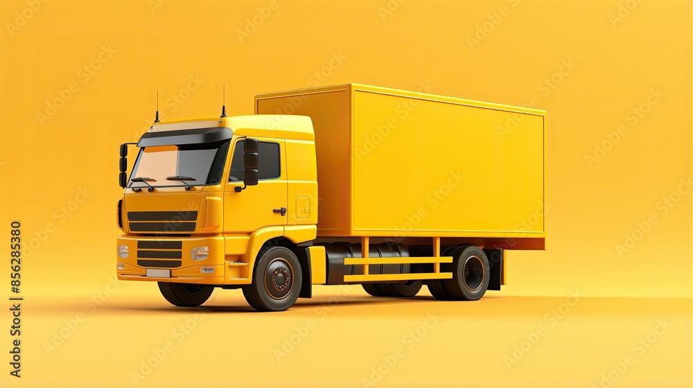 This is a 3D rendering of a yellow delivery truck. The truck is in a simple, clean style with a solid yellow body and black windows. This is a 3D rendering of a yellow delivery truck. The truck is in a simple, clean style with a solid yellow body and black windows.