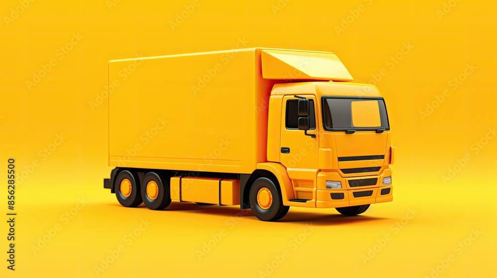 A yellow truck is parked on a yellow background. The truck is a box truck with a closed back. The truck is not moving. A yellow truck is parked on a yellow background. The truck is a box truck with a closed back. The truck is not moving.