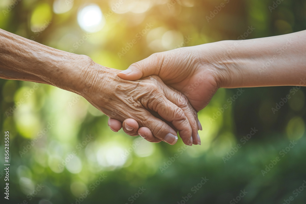 Hand of younger woman holding hand elderly woman, Helping hands, Take care for the elderly concept. Copy space area Hand of younger woman holding hand elderly woman, Helping hands, Take care for the elderly concept. Copy space area