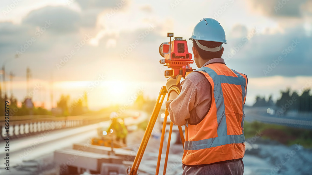 Civil engineer inspecting road construction work and supervising ...