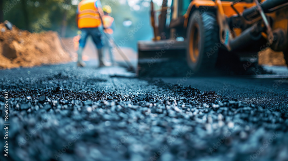 Road Construction Teamwork, Asphalt Laying Work At Road Construction Sites Hot Asphalt Gravel Being Leveled. Road Surface Repairs By Heavy Road Construction Machineries And Workers, tarmac laying work Road Construction Teamwork, Asphalt Laying Work At Road Construction Sites Hot Asphalt Gravel Being Leveled. Road Surface Repairs By Heavy Road Construction Machineries And Workers, tarmac laying work