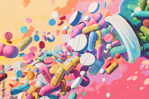 Colorful pills spilling out of a container with a vibrant, abstract background.