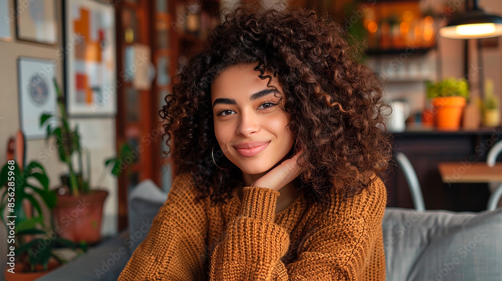 A young woman with curly hair smiling warmly in a cozy living room