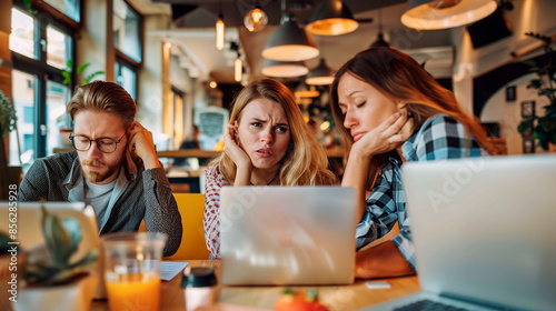 Three people working together in a cafe, looking stressed and tired. The scene suggests a challenging work environment