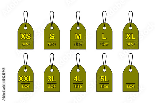 Sticker clothes size labels. XS, S, M, L, XL, XXL, 3L, 4L, 5L, and blank label tag on white and transparent background. Icon set editable vector illustration photo