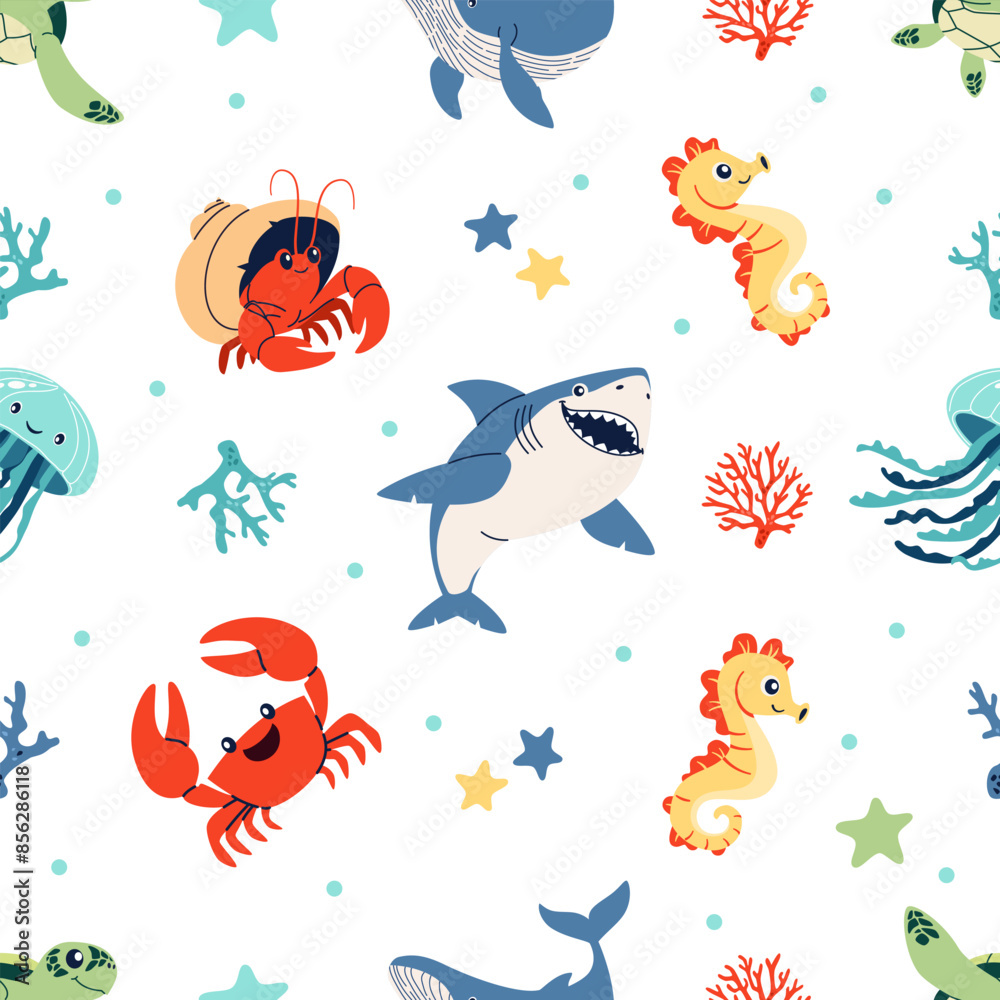 Seamless vector pattern. Cute shark crab crayfish hermit jellyfish turtle seahorse sea stars and corals. Vector illustration Seamless vector pattern. Cute shark crab crayfish hermit jellyfish turtle seahorse sea stars and corals. Vector illustration