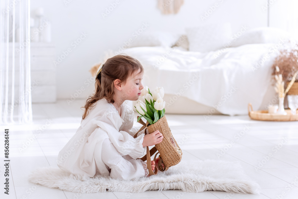 Little girl sits on floor in white Boho minimalist interior. Toddler in dress, nightie holds bouquet of spring tulips in hands, hugs, smells flowers. Airy, light filled space. Pampas grass decor Little girl sits on floor in white Boho minimalist interior. Toddler in dress, nightie holds bouquet of spring tulips in hands, hugs, smells flowers. Airy, light filled space. Pampas grass decor