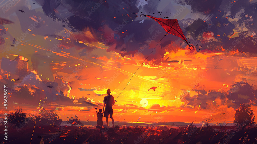 Fototapeta premium An illustration of a father and child flying a kite at sunset, creating a magical and dreamy atmosphere