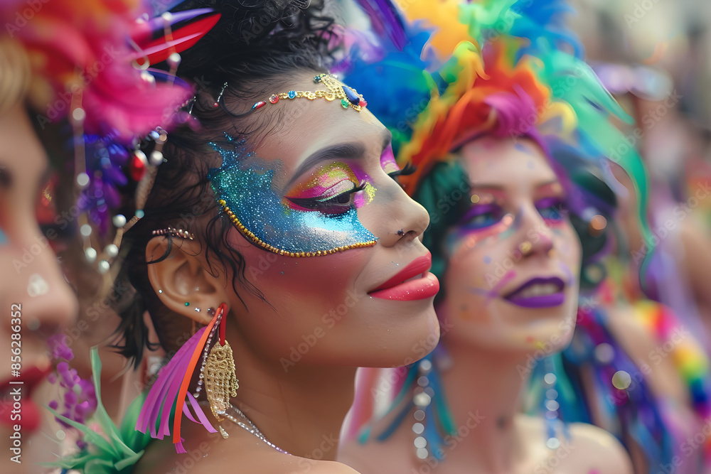 Drag queens with vibrant makeup at pride parade. Drag queens with vibrant makeup at pride parade.