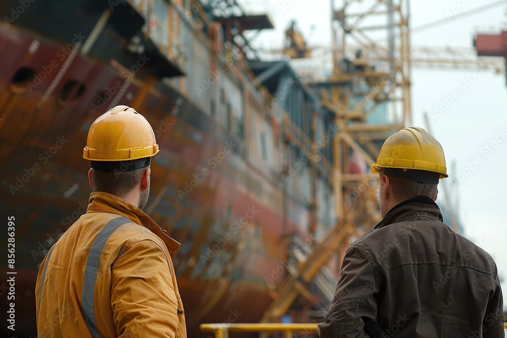 Workers discussing in shipping yard. Reparation of Industrial Container yard for Logistic, Global import and export, shipping yard Workers discussing in shipping yard. Reparation of Industrial Container yard for Logistic, Global import and export, shipping yard