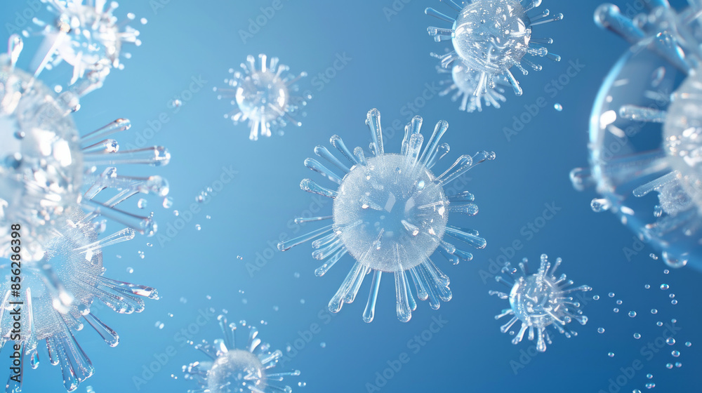 White water droplets under a microscope in blue water White water droplets under a microscope in blue water