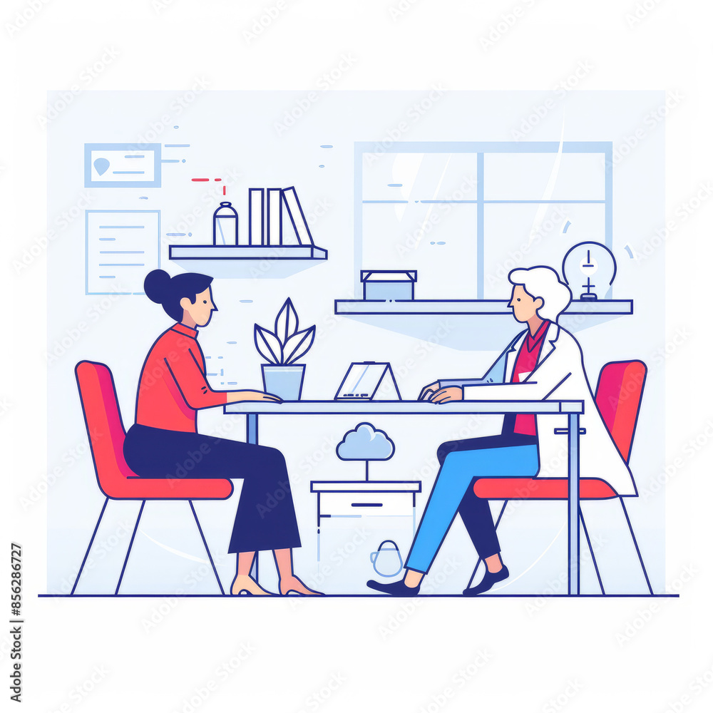 An illustration of a doctor speaking with a patient in their office An illustration of a doctor speaking with a patient in their office