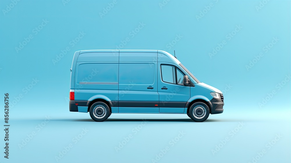 Blue cargo van isolated on blue background. 3D rendering. Blue cargo van isolated on blue background. 3D rendering.