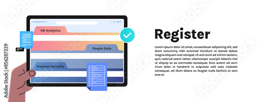 File register folders and employee benefits human resources analytics people data documents horizontal cards flat vector illustration.
