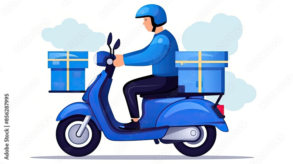 A delivery man wearing a blue uniform and a helmet is riding a blue scooter. He is carrying two boxes on the scooter. A delivery man wearing a blue uniform and a helmet is riding a blue scooter. He is carrying two boxes on the scooter.