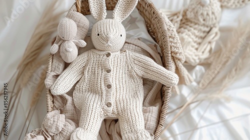 Beige baby romper and knitted bunny toy in moses basket for newborn girl with accessories