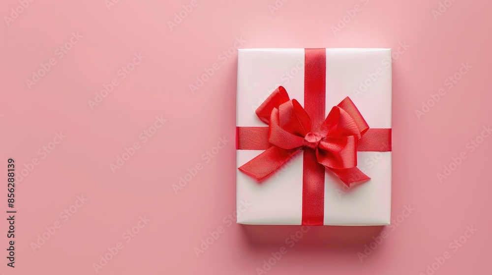 White gift box with red ribbon on light pink table Sparse Top down shot Symbolic of congratulations White gift box with red ribbon on light pink table Sparse Top down shot Symbolic of congratulations