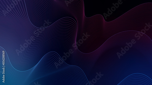Dark abstract background with geometric flowing retro neon line pattern