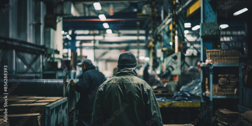 Fototapeta premium Rear view of workers in a busy industrial factory