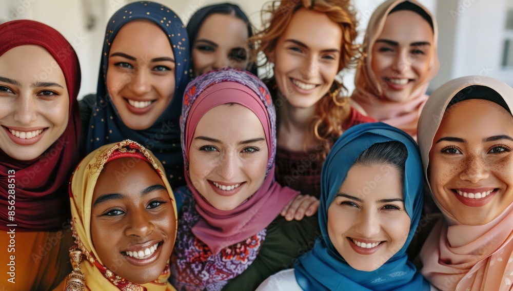 Diverse women in colorful hijabs smiling together Diverse women in colorful hijabs smiling together