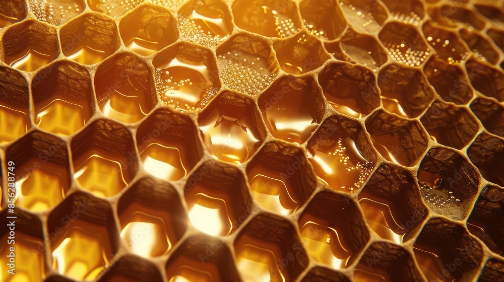 A honeycomb hexagonal pattern filled with golden honey a summer arrangement of sticky honey from a bee colony in the rural countryside A honeycomb hexagonal pattern filled with golden honey a summer arrangement of sticky honey from a bee colony in the rural countryside