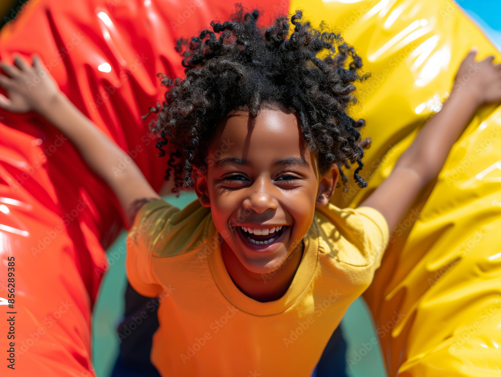 Happy Child Playing on Inflatable Playground

