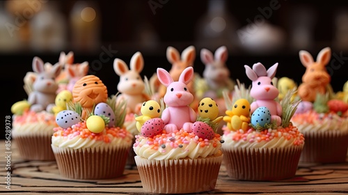 Close-up of a variety of Easter cupcakes with bunny and chick decorations. The cupcakes are arranged on a rustic table. photo