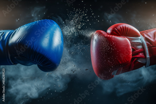 Red and blue boxing gloves in a fight surrounded by dust after a punch photo