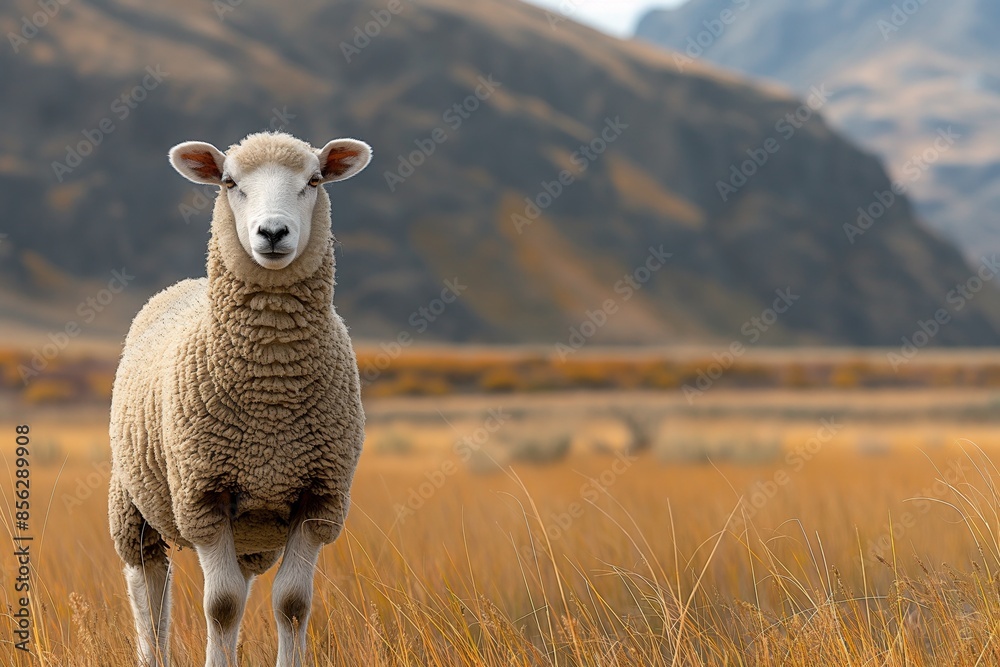Fototapeta premium A serene sheep gazes at the viewer, standing in golden grass with soft, rolling hills in the background