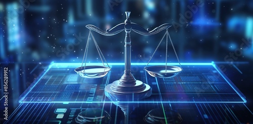 Digital scales of justice on top of digital circuit board, representing the balance between technology and law in AI processing of recording rail yard data.