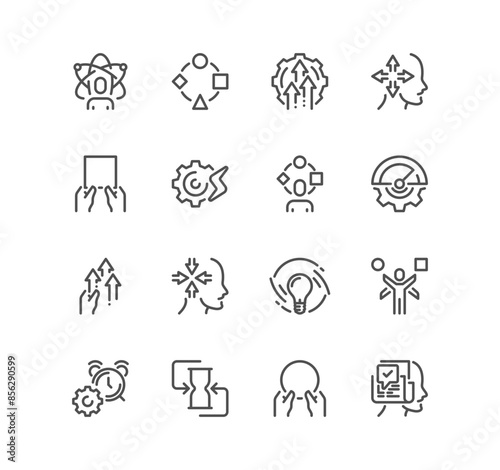 Set of efficiency and performance related icons, productive, multitasking, result, concentration, operation, strategy and linear variety vectors.
