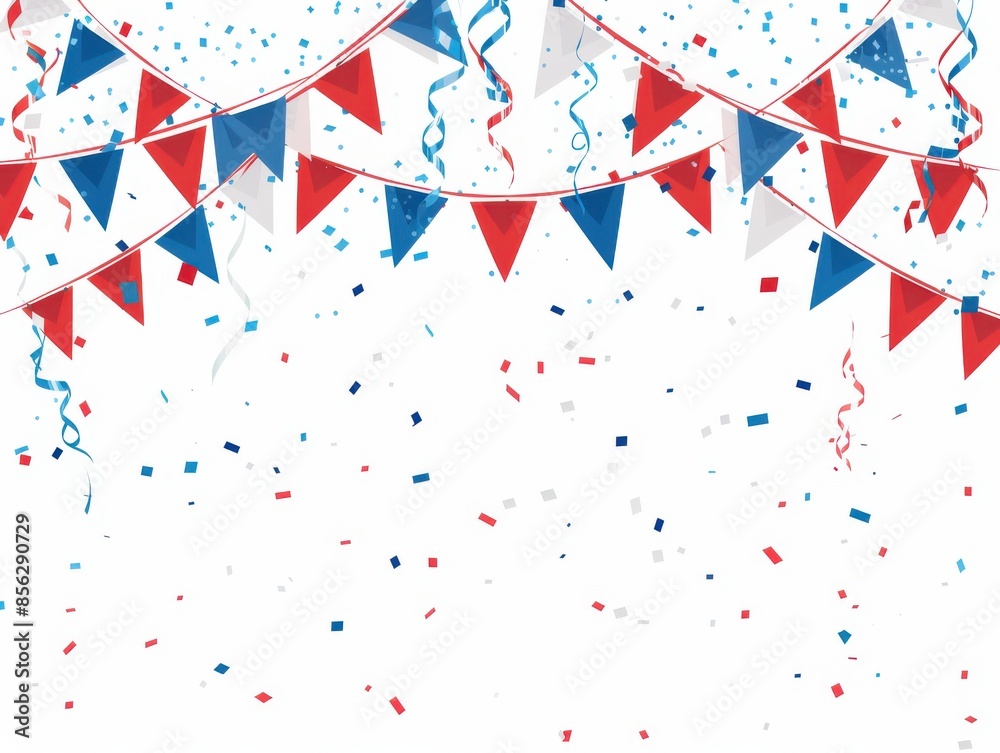 Border design with red, white, and blue bunting and confetti for a patriotic theme Border design with red, white, and blue bunting and confetti for a patriotic theme