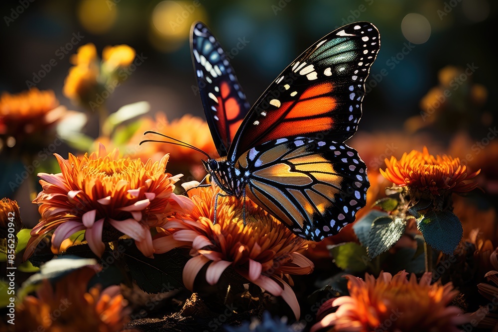 Monarch butterfly lands on colorful flower in the garden., generative IA Monarch butterfly lands on colorful flower in the garden., generative IA
