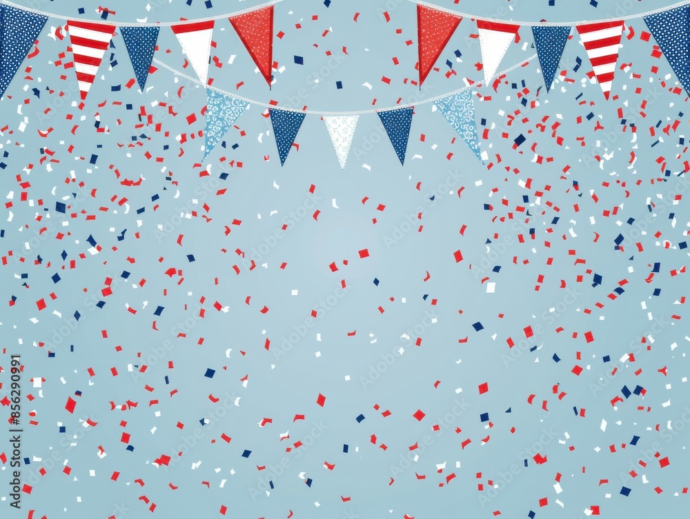 Border design with red, white, and blue bunting and confetti for a patriotic theme Border design with red, white, and blue bunting and confetti for a patriotic theme