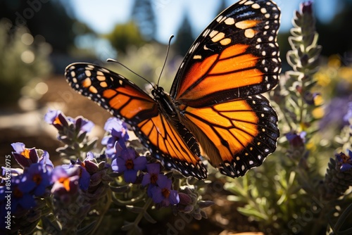 Monarch butterfly lands on colorful flower. Delicacy and beauty of nature., generative IA