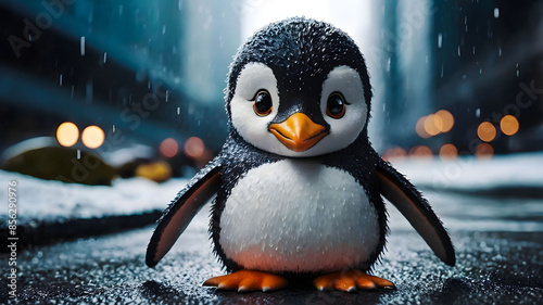 cute penguin in city in rain, very cute little penguin