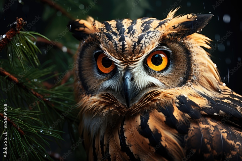 Night owl emerges in the mysterious forest. Amber eyes shine., generative IA Night owl emerges in the mysterious forest. Amber eyes shine., generative IA