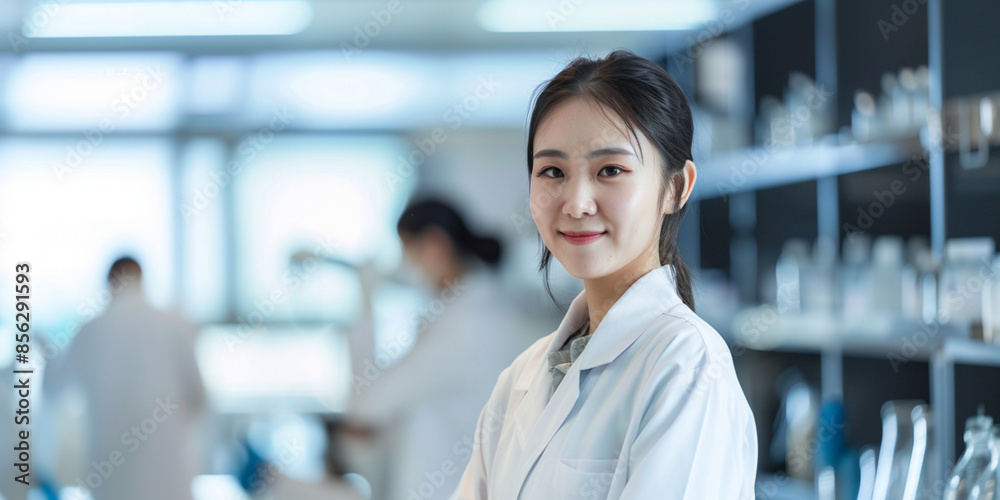 Fototapeta premium woman scientist, wearing white coat, fellow scientists in a laboratory wearing white coats on blurred background, Generative Ai 